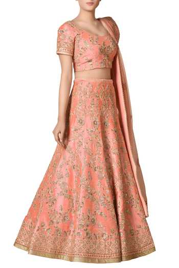 Buy_RI.Ritu Kumar_Peach Silk Blend Embroidered Zardozi Round Bridal Lehenga Set_Online_at_Aza_Fashions