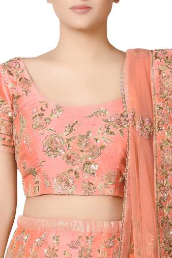 Shop_RI.Ritu Kumar_Peach Silk Blend Embroidered Zardozi Round Bridal Lehenga Set_Online_at_Aza_Fashions