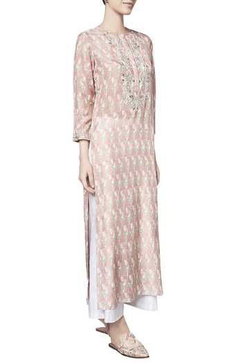 Anita Dongre_Blush Silk Printed Sasmita Straight Kurta_Online_at_Aza_Fashions