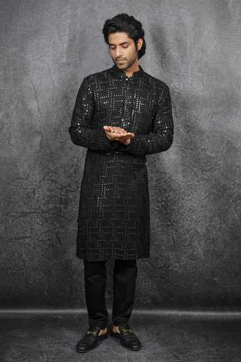 Elegant Black Georgette Embroidered With Mirror Worked Ethnic Kurta Set With Pant & Dupatta