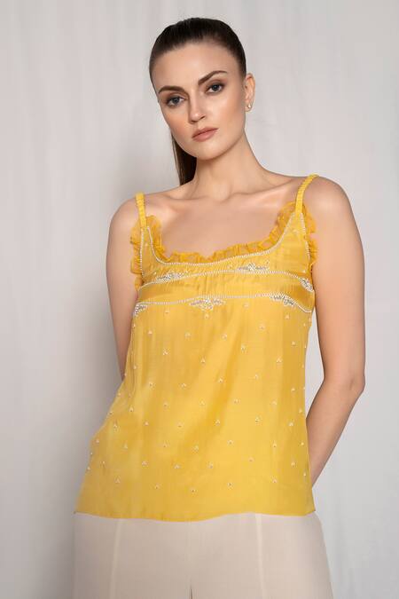 Shop Amrta By Guneet Kondal Yellow Viscose Pearls, Beads, Zari Scoop Neck Embroidered Top And Flared Pant Set Online at Aza Fashions Shop_Amrta By Guneet Kondal_Yellow Viscose Pearls, Beads, Zari Scoop Neck Embroidered Top And Flared Pant Set _Online_at_Aza_Fashions