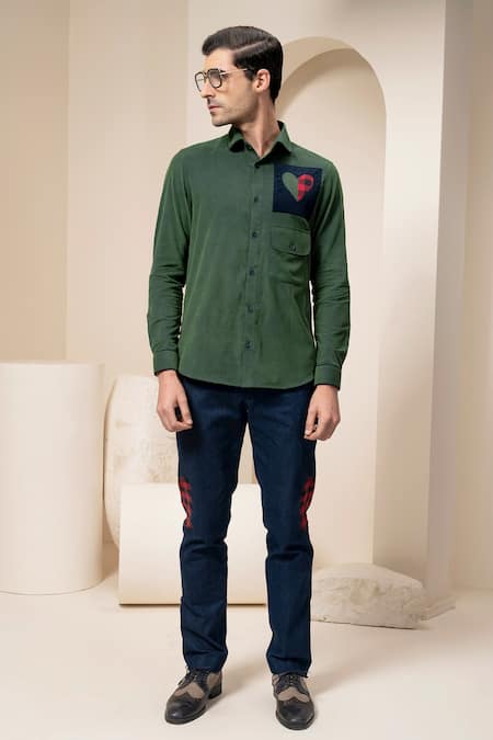 Abkasa Green Cotton Patchwork Embroidered Corduroy Shirt