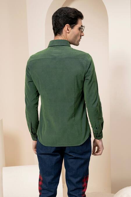 Shop Abkasa Green Cotton Patchwork Embroidered Corduroy Shirt at Aza Fashions Shop_Abkasa_Green Cotton Patchwork Embroidered Corduroy Shirt_at_Aza_Fashions