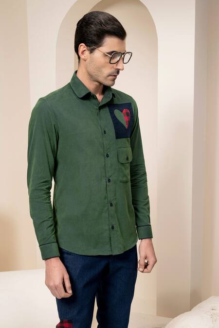 Abkasa Green Cotton Patchwork Embroidered Corduroy Shirt Online at Aza Fashions Abkasa_Green Cotton Patchwork Embroidered Corduroy Shirt_Online_at_Aza_Fashions