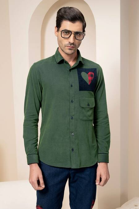 Buy Abkasa Green Cotton Patchwork Embroidered Corduroy Shirt Online at Aza Fashions Buy_Abkasa_Green Cotton Patchwork Embroidered Corduroy Shirt_Online_at_Aza_Fashions