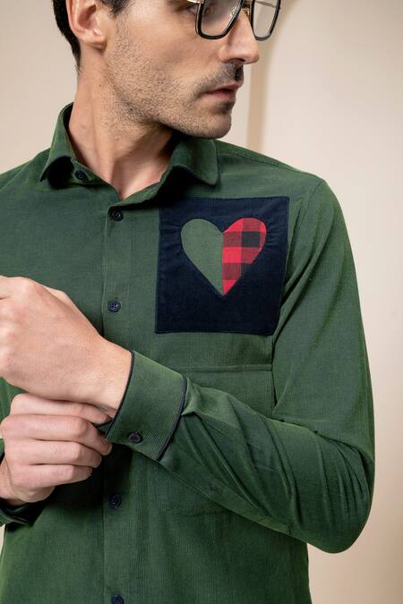 Shop Abkasa Green Cotton Patchwork Embroidered Corduroy Shirt Online at Aza Fashions Shop_Abkasa_Green Cotton Patchwork Embroidered Corduroy Shirt_Online_at_Aza_Fashions