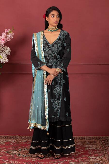 Ruh Clothing Black Cotton, Net, Chanderi Chikankari V Embroidered Angrakha Kurta Sharara Set Online at Aza Fashions Ruh Clothing_Black Cotton, Net, Chanderi Chikankari V Embroidered Angrakha Kurta Sharara Set _Online_at_Aza_Fashions