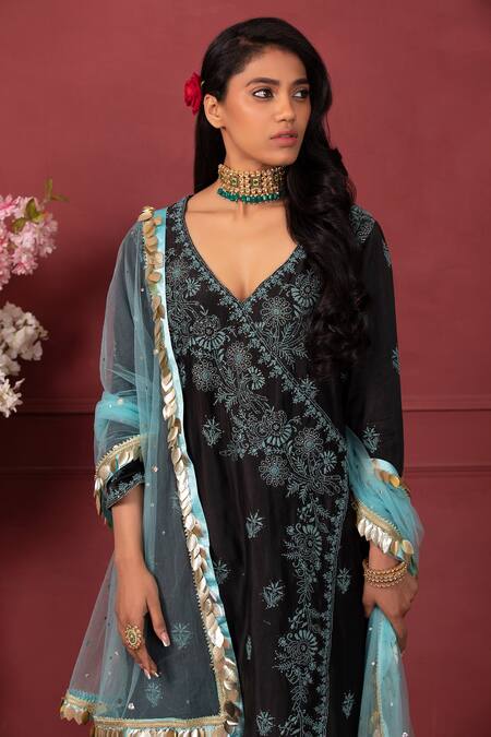 Buy Ruh Clothing Black Cotton, Net, Chanderi Chikankari V Embroidered Angrakha Kurta Sharara Set Online at Aza Fashions Buy_Ruh Clothing_Black Cotton, Net, Chanderi Chikankari V Embroidered Angrakha Kurta Sharara Set _Online_at_Aza_Fashions