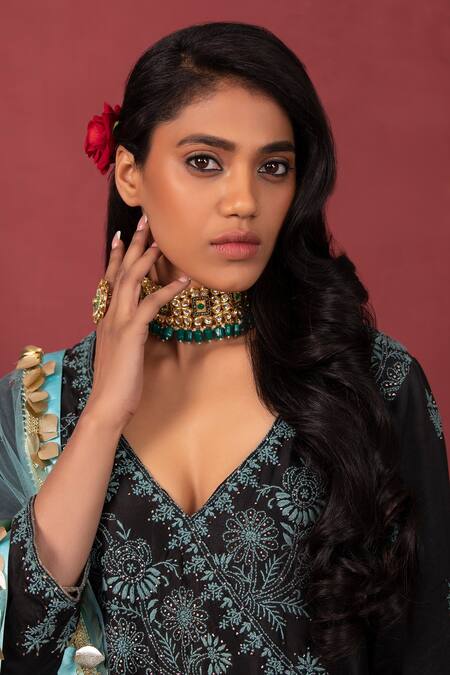 Shop Ruh Clothing Black Cotton, Net, Chanderi Chikankari V Embroidered Angrakha Kurta Sharara Set Online at Aza Fashions Shop_Ruh Clothing_Black Cotton, Net, Chanderi Chikankari V Embroidered Angrakha Kurta Sharara Set _Online_at_Aza_Fashions