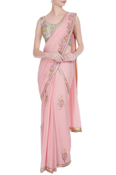 Rajat & Shraddha Pink rose pre-draped saree with floral sequin blouse 