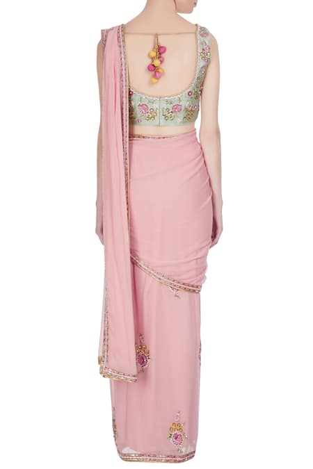 Rajat & Shraddha Pink rose pre-draped saree with floral sequin blouse 