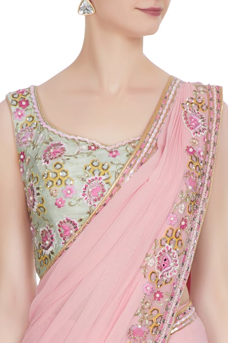 Buy Rajat & Shraddha Pink Georgette Embroidered Rose Pre-draped Saree With Sequin Blouse Online at Aza Fashions Buy_Rajat & Shraddha_Pink Georgette Embroidered Rose Pre-draped Saree With Sequin Blouse _Online_at_Aza_Fashions