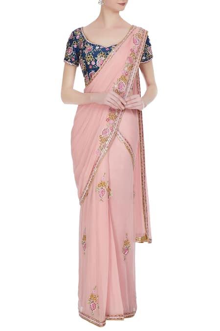 Rajat & Shraddha Blue Georgette Pink Rose Pre-draped Saree With Floral Blouse  