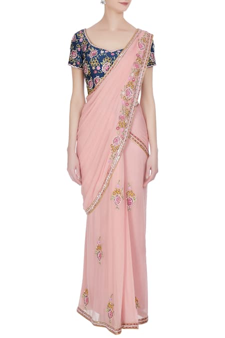 Rajat & Shraddha_Blue Georgette Pink Rose Pre-draped Saree With Floral Blouse  _Online_at_Aza_Fashions