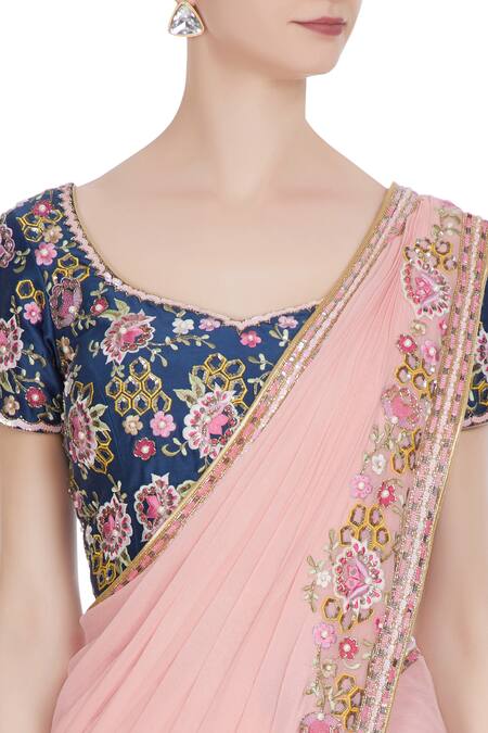 Buy_Rajat & Shraddha_Blue Georgette Pink Rose Pre-draped Saree With Floral Blouse  _Online_at_Aza_Fashions