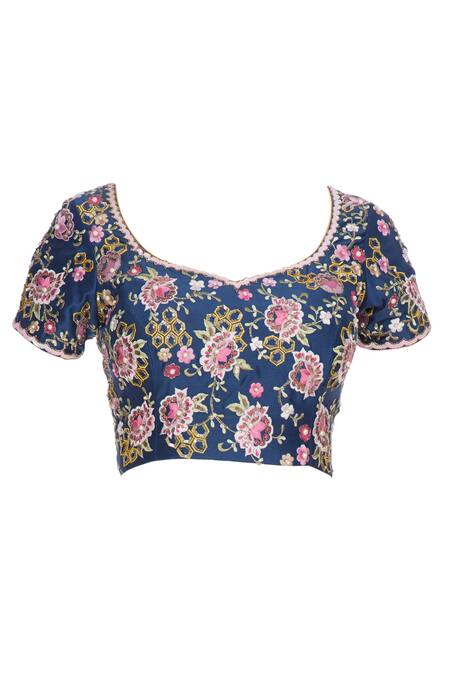 Shop_Rajat & Shraddha_Blue Georgette Pink Rose Pre-draped Saree With Floral Blouse  _Online_at_Aza_Fashions