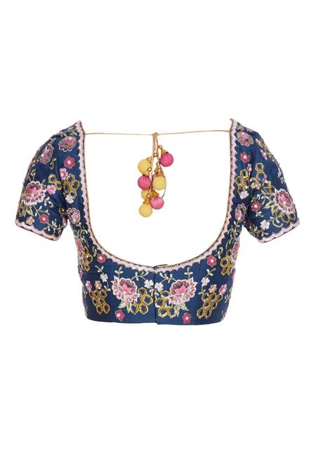 Rajat & Shraddha_Blue Georgette Pink Rose Pre-draped Saree With Floral Blouse  _at_Aza_Fashions