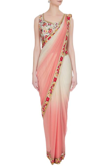 Rajat & Shraddha_White Leaf Neck Pre Draped Saree With Blouse  _Online_at_Aza_Fashions