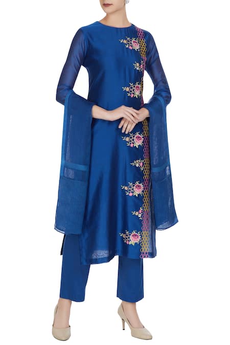 Rajat & Shraddha Royal blue chanderi silk resham thread embroidered kurta set 