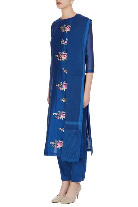 Buy Rajat & Shraddha Blue Round Royal Chanderi Silk Resham Thread Embroidered Kurta Set Online at Aza Fashions Buy_Rajat & Shraddha_Blue Round Royal Chanderi Silk Resham Thread Embroidered Kurta Set _Online_at_Aza_Fashions