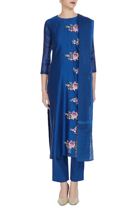 Shop Rajat & Shraddha Blue Round Royal Chanderi Silk Resham Thread Embroidered Kurta Set Online at Aza Fashions Shop_Rajat & Shraddha_Blue Round Royal Chanderi Silk Resham Thread Embroidered Kurta Set _Online_at_Aza_Fashions
