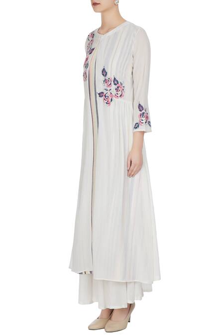 Buy_Rajat & Shraddha_Off Ivory Dori Embroidered Jacket Tunic With Under Layer And Palazzos  _Online_at_Aza_Fashions