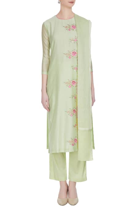 Shop_Rajat & Shraddha_Green Round Light Resham Embroidered Chanderi Kurta Set  _Online_at_Aza_Fashions