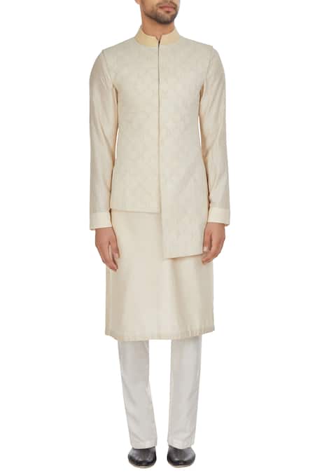 Shop Kunal Anil Tanna Off White Ivory Chanderi Textured High-low Bandhi Jacket Online at Aza Fashions Shop_Kunal Anil Tanna_Off White Ivory Chanderi Textured High-low Bandhi Jacket _Online_at_Aza_Fashions