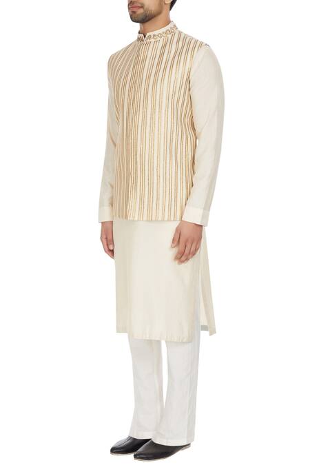 Buy_Kunal Anil Tanna_Beige Spun Silk Bandhi Jacket  _Online_at_Aza_Fashions