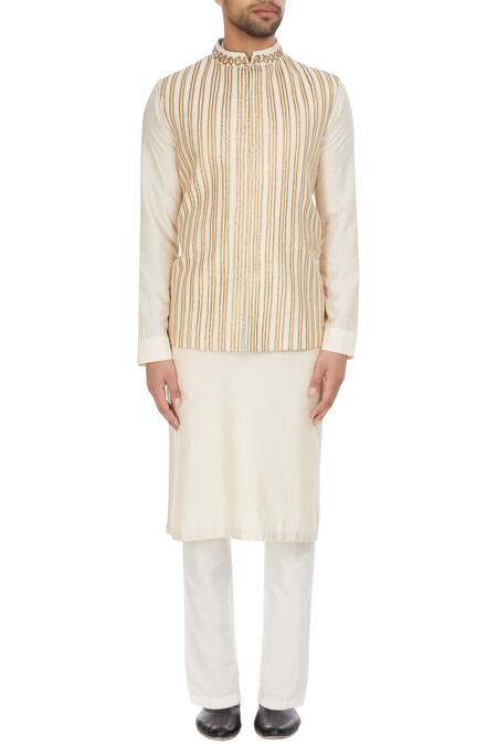 Shop_Kunal Anil Tanna_Beige Spun Silk Bandhi Jacket  _Online_at_Aza_Fashions