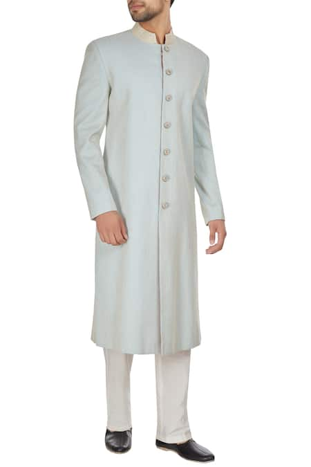 Kunal Anil Tanna Powder blue spun silk sherwani with embroidered buttons & pants  