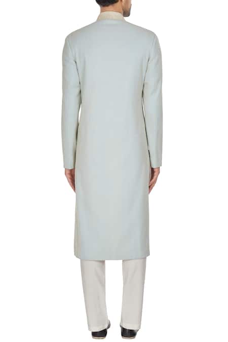 Kunal Anil Tanna Powder blue spun silk sherwani with embroidered buttons & pants  