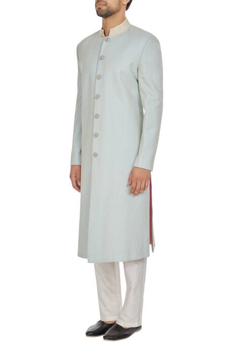 Buy_Kunal Anil Tanna_Blue Spun Silk Embroidered Powder Sherwani With Buttons And Pants  _Online_at_Aza_Fashions