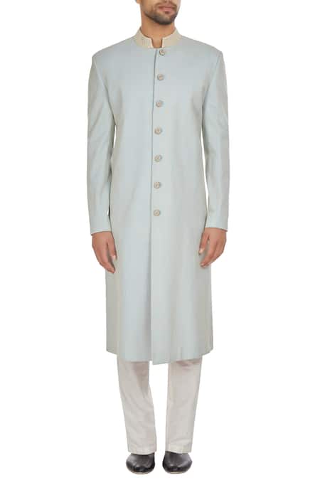Shop_Kunal Anil Tanna_Blue Spun Silk Embroidered Powder Sherwani With Buttons And Pants  _Online_at_Aza_Fashions