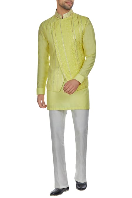 Kunal Anil Tanna Yellow Spun Silk Overlap Lucknowi Bandi Jacket 