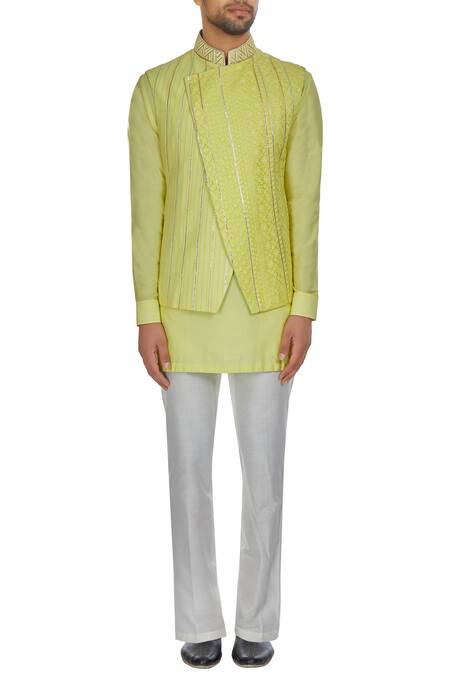 Shop_Kunal Anil Tanna_Yellow Spun Silk Overlap Lucknowi Bandi Jacket  _Online_at_Aza_Fashions