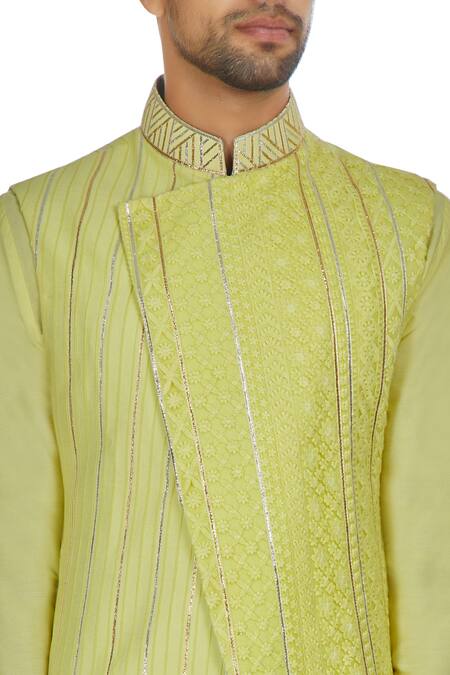 Kunal Anil Tanna_Yellow Spun Silk Overlap Lucknowi Bandi Jacket  _at_Aza_Fashions