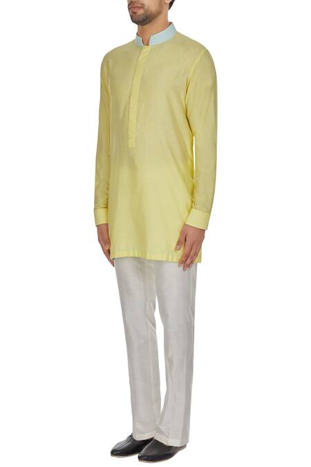 Buy_Kunal Anil Tanna_Yellow Spun Silk Kurta And Pant Set  _Online_at_Aza_Fashions