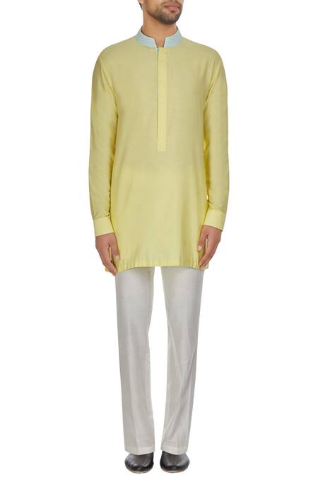 Shop_Kunal Anil Tanna_Yellow Spun Silk Kurta And Pant Set  _Online_at_Aza_Fashions
