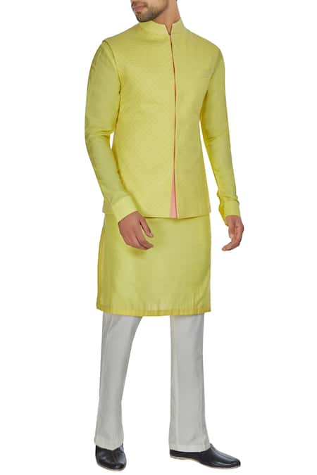 Kunal Anil Tanna Yellow Spun Silk Criss Cross Textured Bandi Jacket 