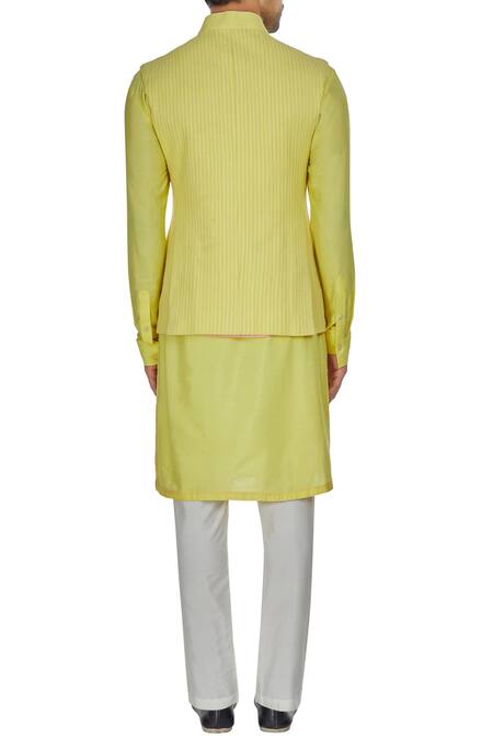 Kunal Anil Tanna Yellow spun silk criss cross textured bandi jacket 