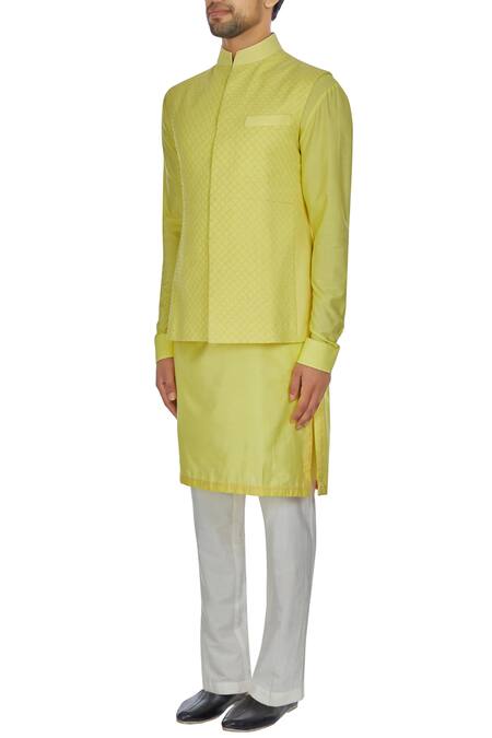 Buy_Kunal Anil Tanna_Yellow Spun Silk Criss Cross Textured Bandi Jacket  _Online_at_Aza_Fashions