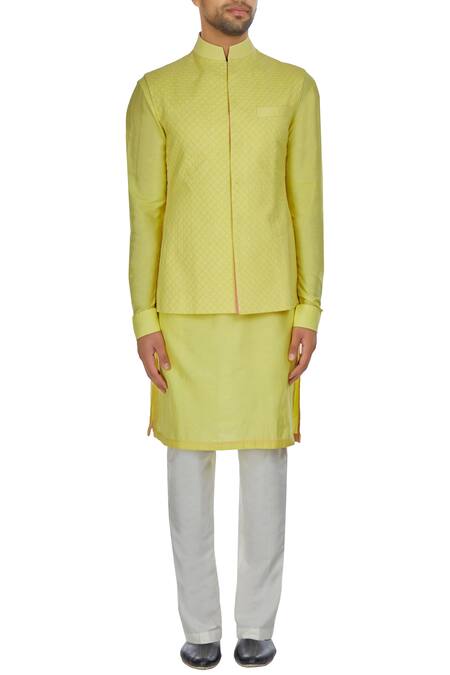Shop_Kunal Anil Tanna_Yellow Spun Silk Criss Cross Textured Bandi Jacket  _Online_at_Aza_Fashions