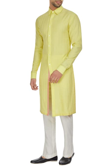 Kunal Anil Tanna Yellow spun silk checks textured long kurta set 