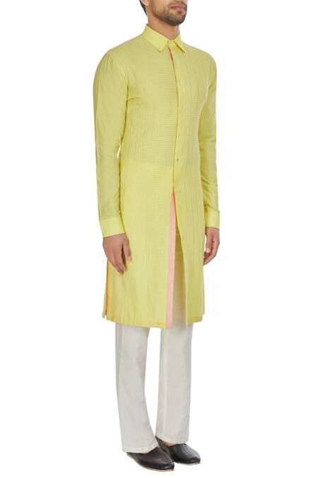Kunal Anil Tanna_Yellow Spun Silk Checks Textured Long Kurta Set  _Online_at_Aza_Fashions