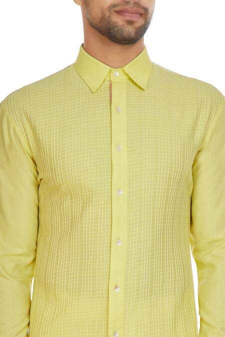 Kunal Anil Tanna_Yellow Spun Silk Checks Textured Long Kurta Set  _at_Aza_Fashions