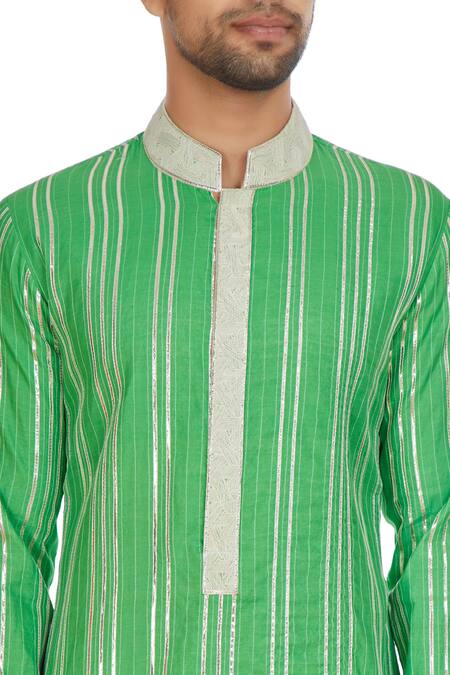 Kunal Anil Tanna_Green Spun Silk Silver Gota Embroidered Kurta Set  _at_Aza_Fashions
