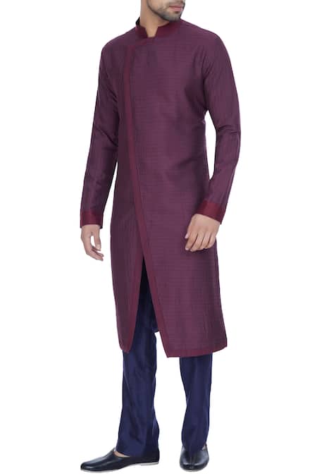 Kunal Anil Tanna Wine spun silk textured overlap kurta with blue pants 