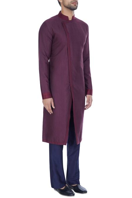 Kunal Anil Tanna_Wine Spun Silk Textured Overlap Kurta With Blue Pants  _Online_at_Aza_Fashions