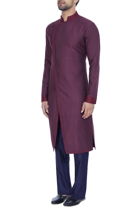 Buy_Kunal Anil Tanna_Wine Spun Silk Textured Overlap Kurta With Blue Pants  _Online_at_Aza_Fashions